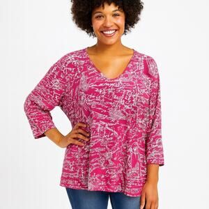 Nygard 3X Magenta Script Print V-Neck Jersey Knit Blouse